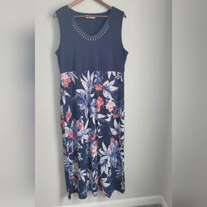 Christoper Banks Womens Large Floral Navy Sleeveless Dress Silver Beading Vacay